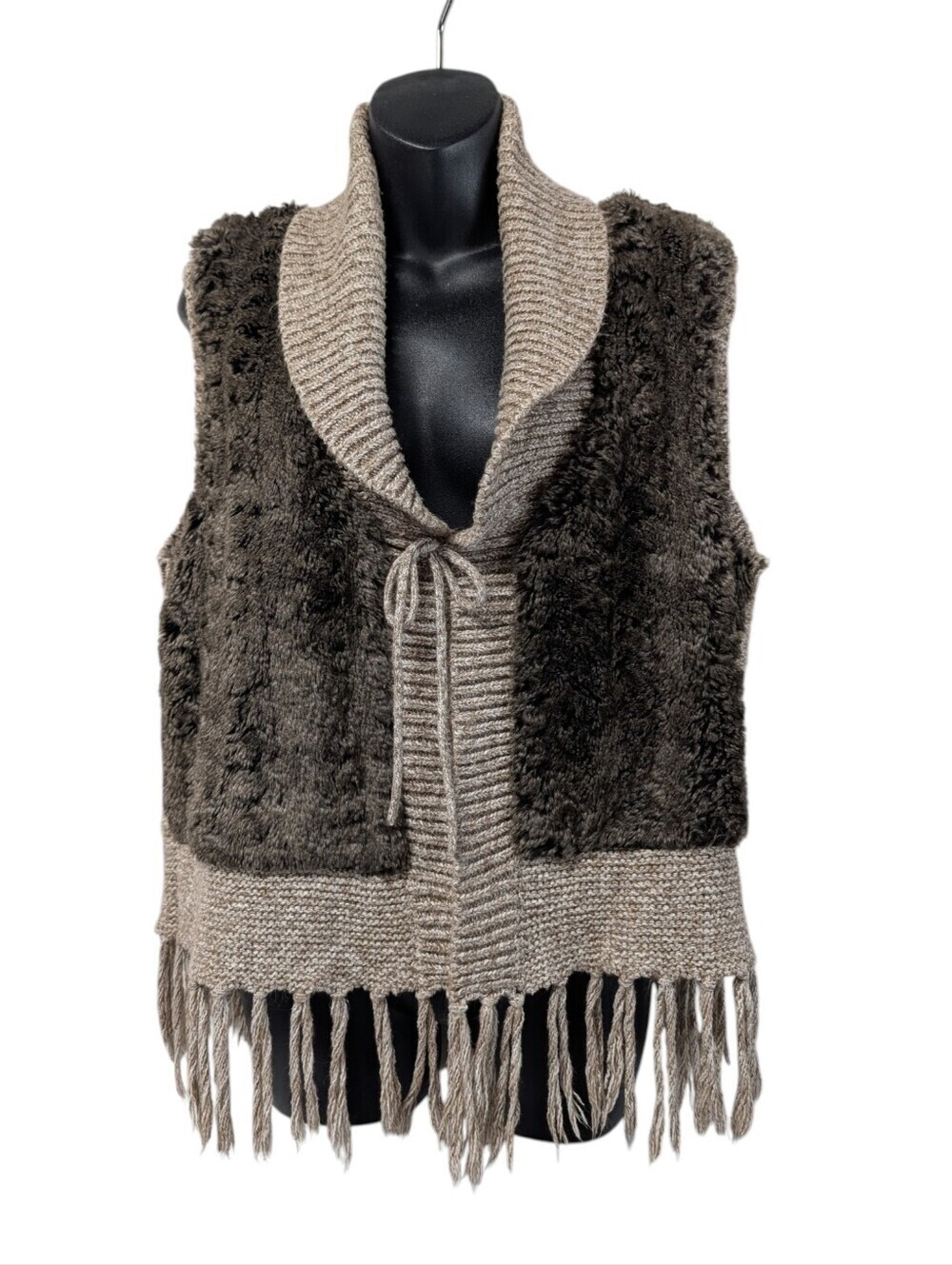 Peter Nygard Women's Faux Fur Knit Fringe Cowl Neck Vest Sweater Size Large